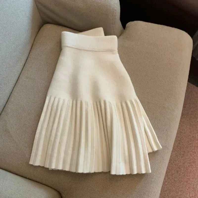 Pleated Skirt Women's Winter High-waisted A-line Skirt Knitted Skirt Preppy Style Women Clothing