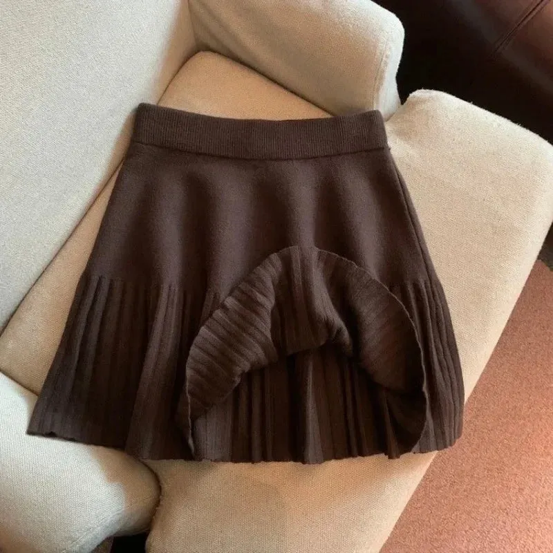 Pleated Skirt Women's Winter High-waisted A-line Skirt Knitted Skirt Preppy Style Women Clothing