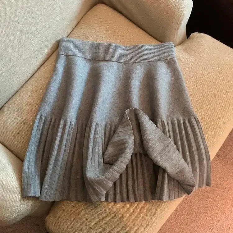 Pleated Skirt Women's Winter High-waisted A-line Skirt Knitted Skirt Preppy Style Women Clothing