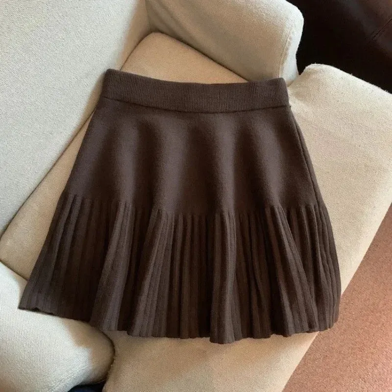 Pleated Skirt Women's Winter High-waisted A-line Skirt Knitted Skirt Preppy Style Women Clothing