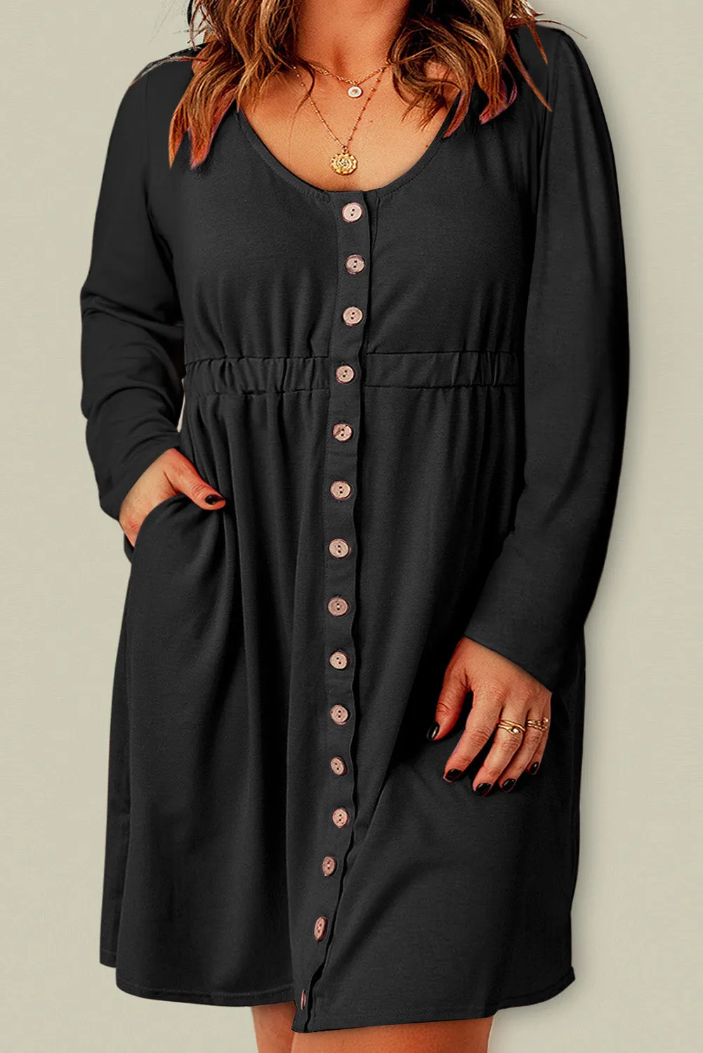 Plus-Size-Kleid mit Knopfleiste, elastischer Taille und langen Ärmeln