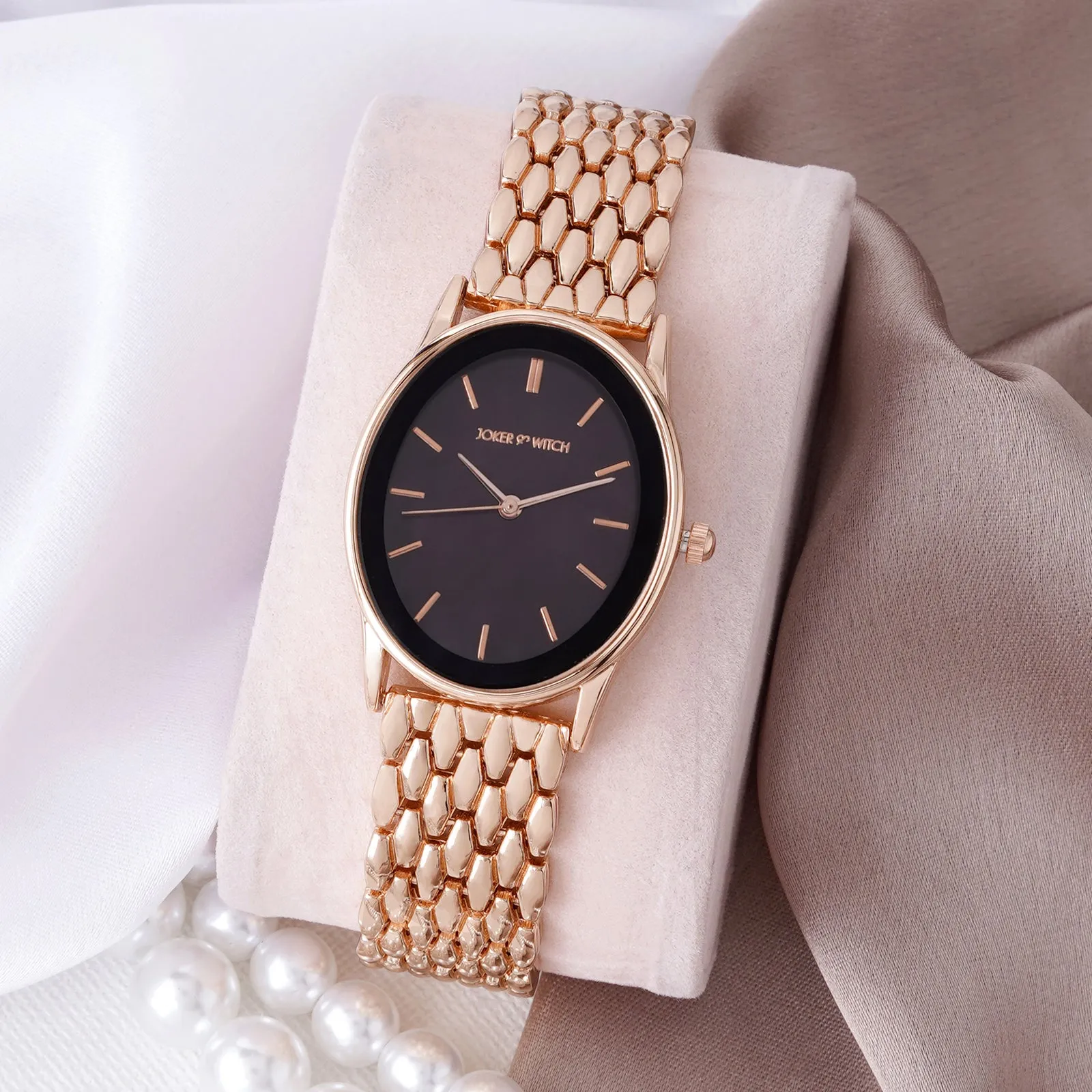 Quisp Black Mop Dial Rosegold Metallic Strap Watch