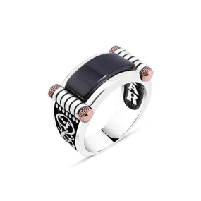 Rectangular Curved Black Onyx Stone with Silver Cylinder Silver Men's Ring