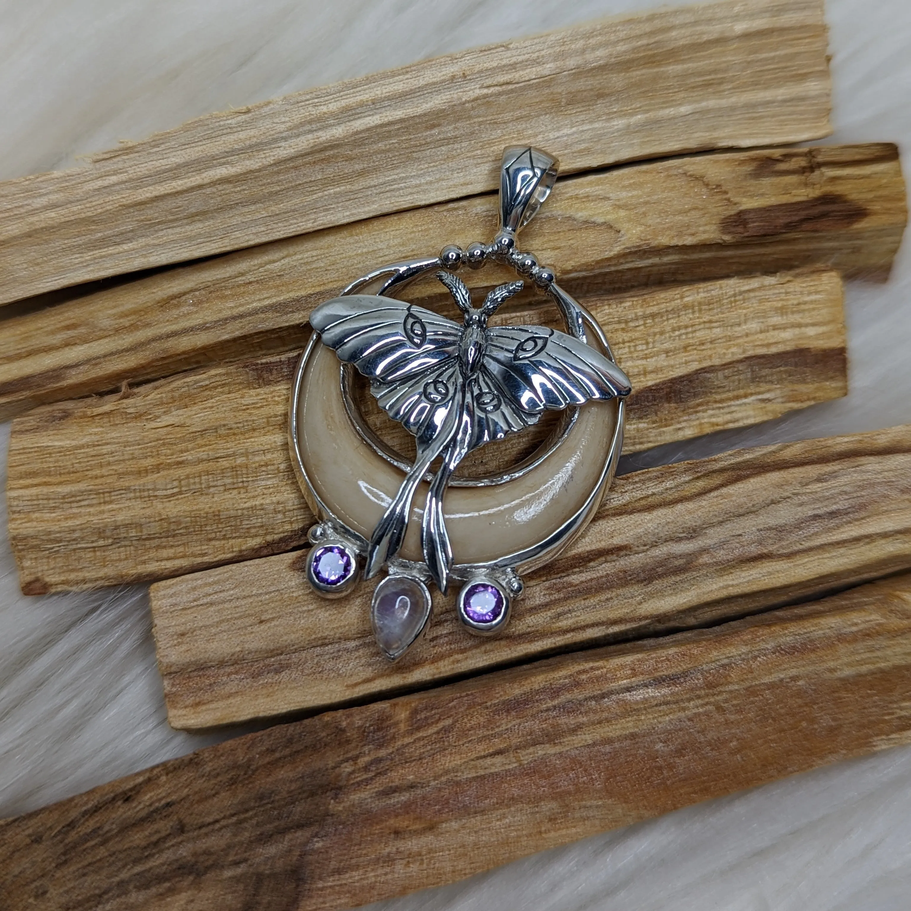 RESERVED | Sterling Silver Mystical Moth Pendant with Bone Carving Crescent Moon, Amethyst & Moonstone ~ Includes Silver Chain