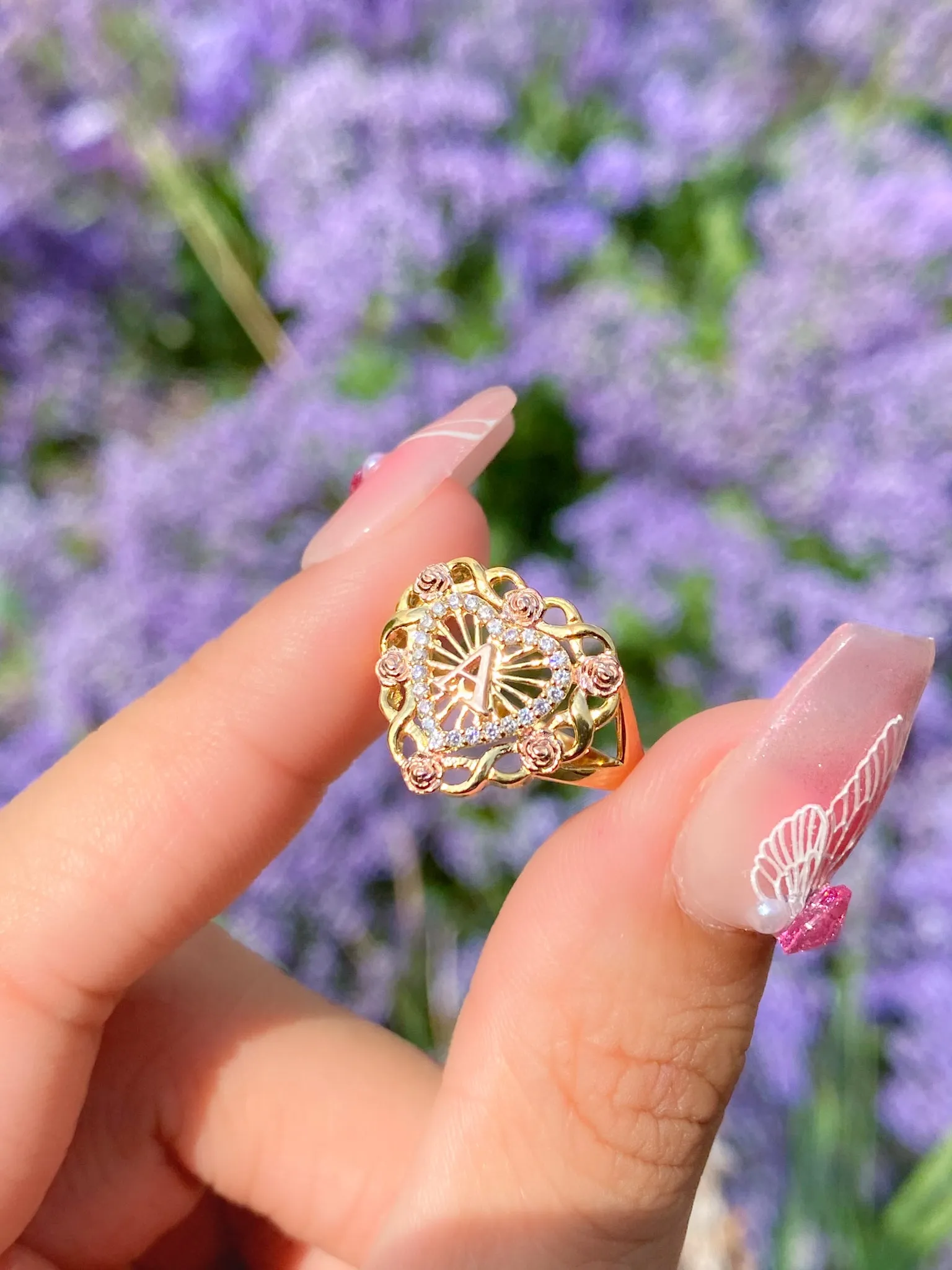 Rose Heart Initial Ring [A - M]