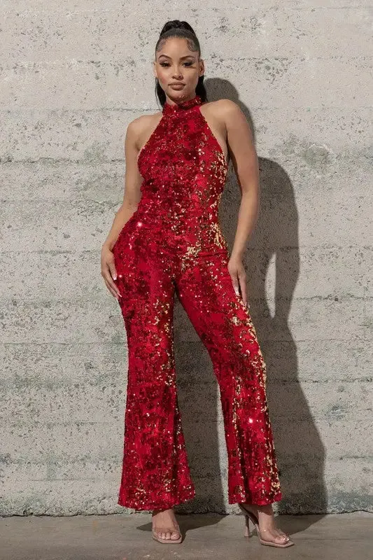 Sequin Stretchy Bell-bottom Jumpsuit