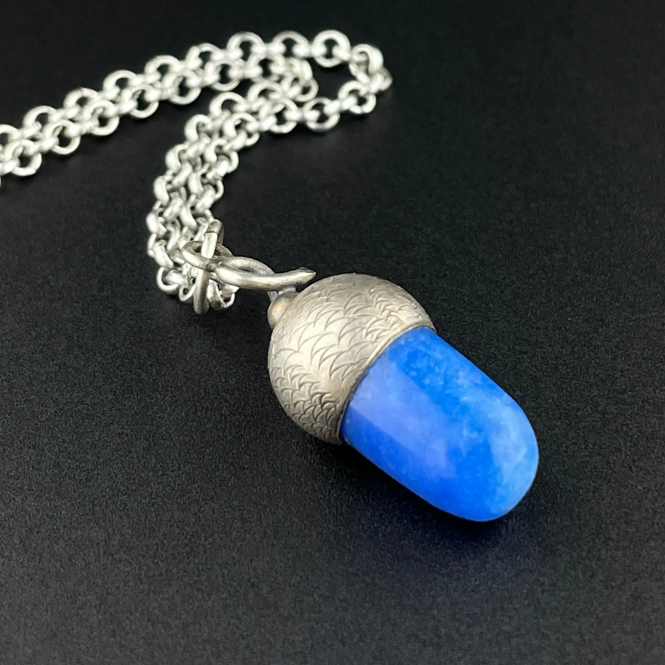 Silver Blue Chalcedony Acorn Good Luck Pendant Necklace