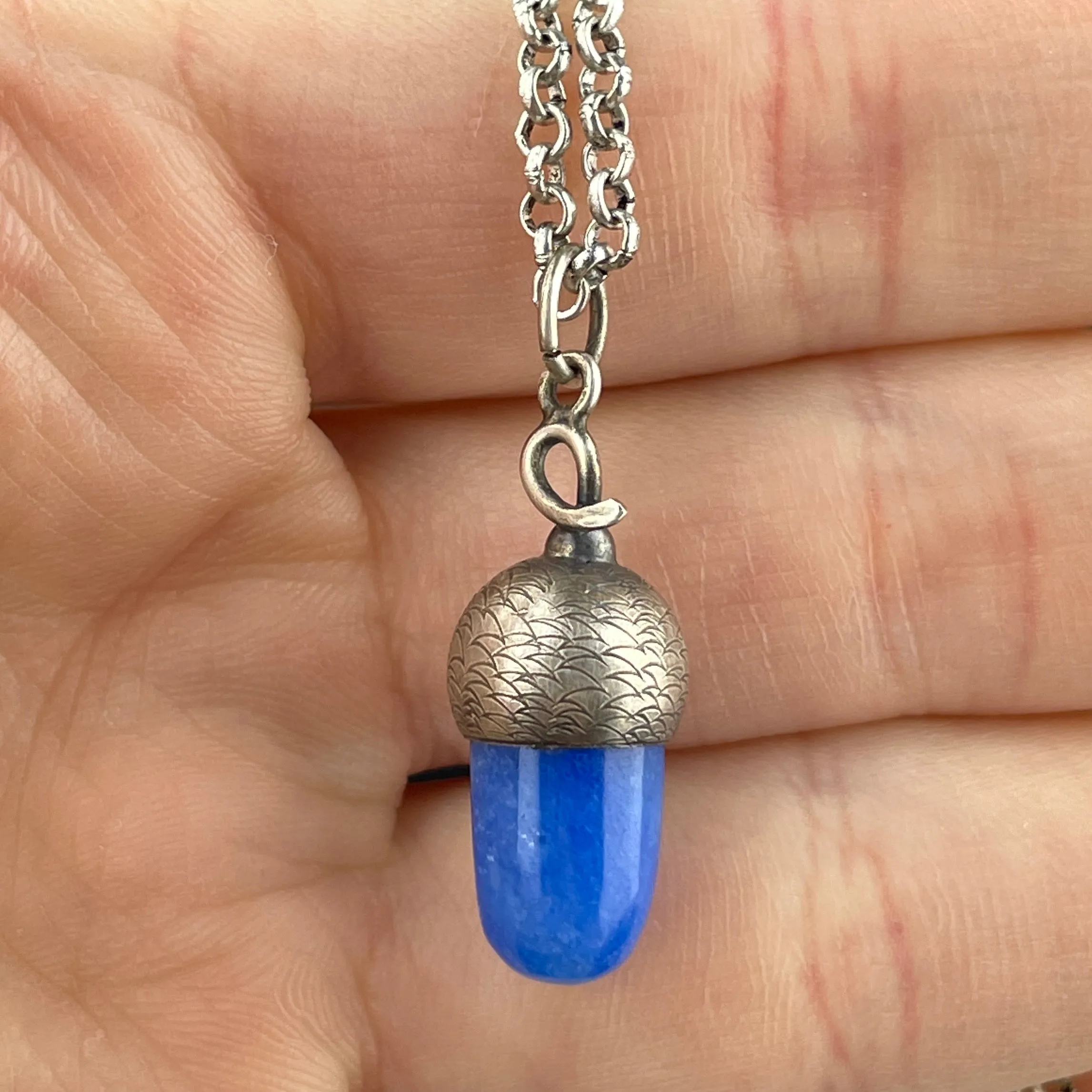 Silver Blue Chalcedony Acorn Good Luck Pendant Necklace