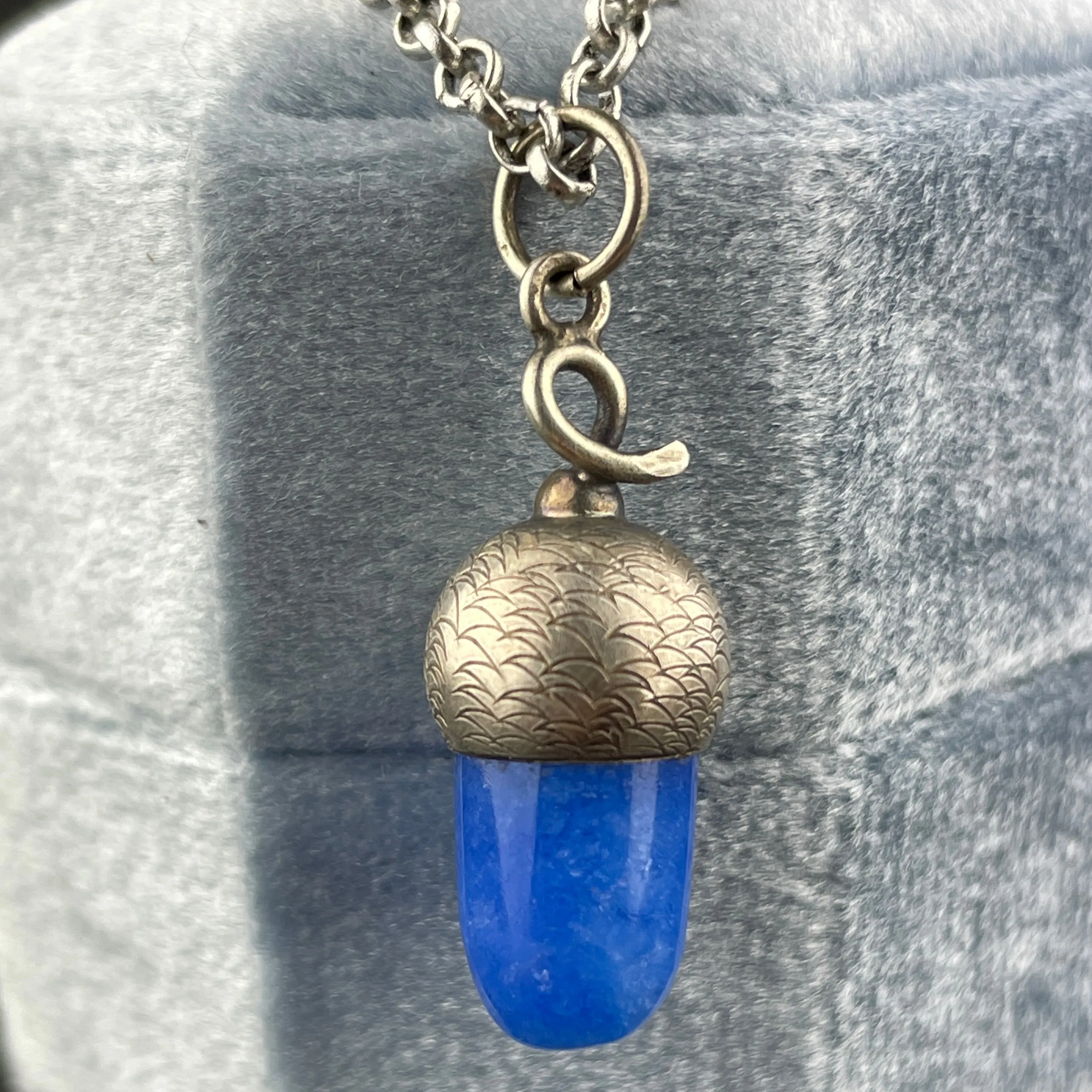 Silver Blue Chalcedony Acorn Good Luck Pendant Necklace