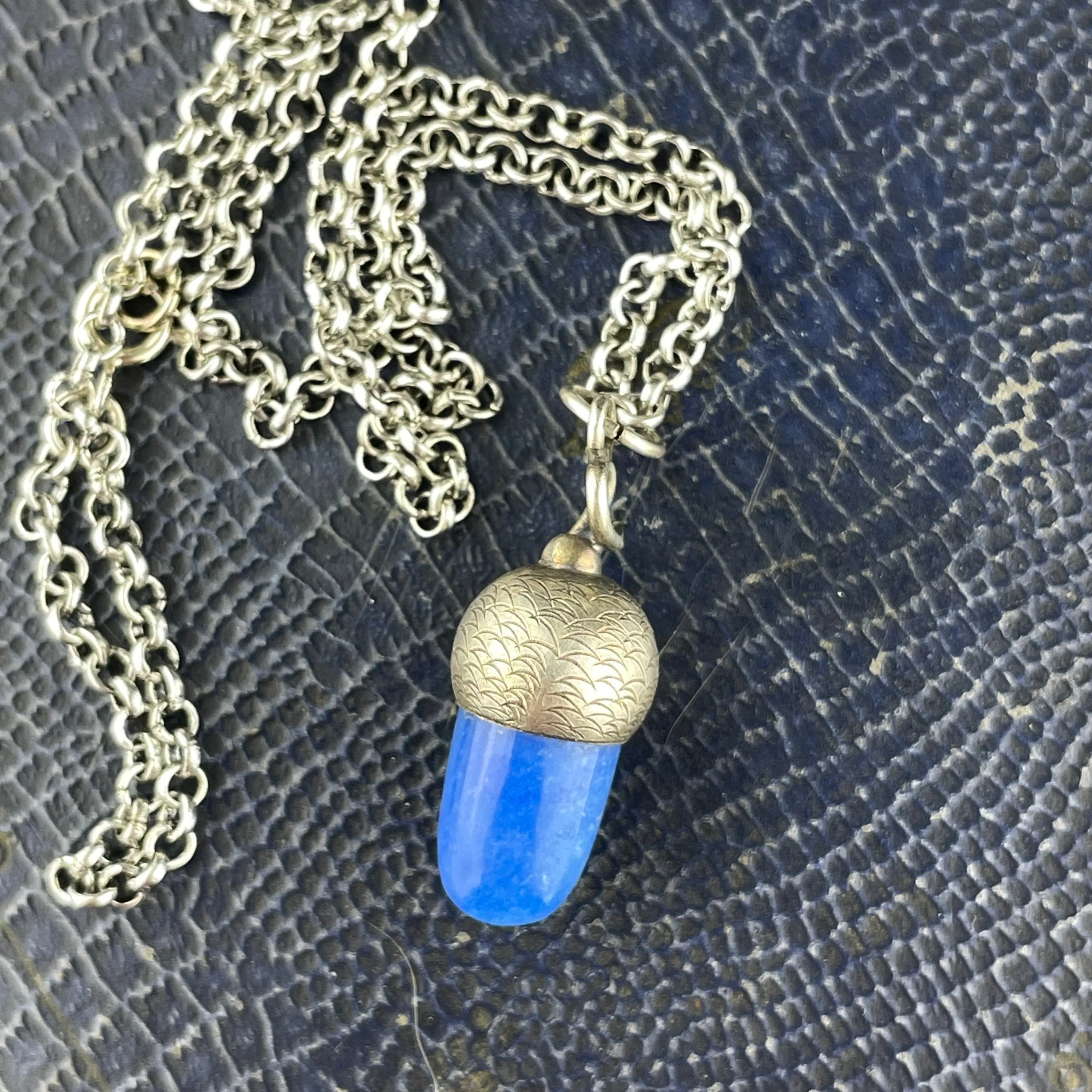 Silver Blue Chalcedony Acorn Good Luck Pendant Necklace