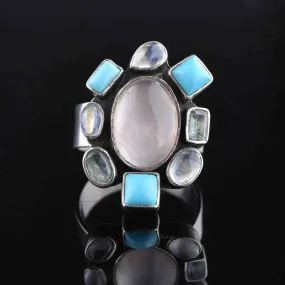 Silver Turquoise Moonstone Rose Quartz Statement Ring, Sz 9