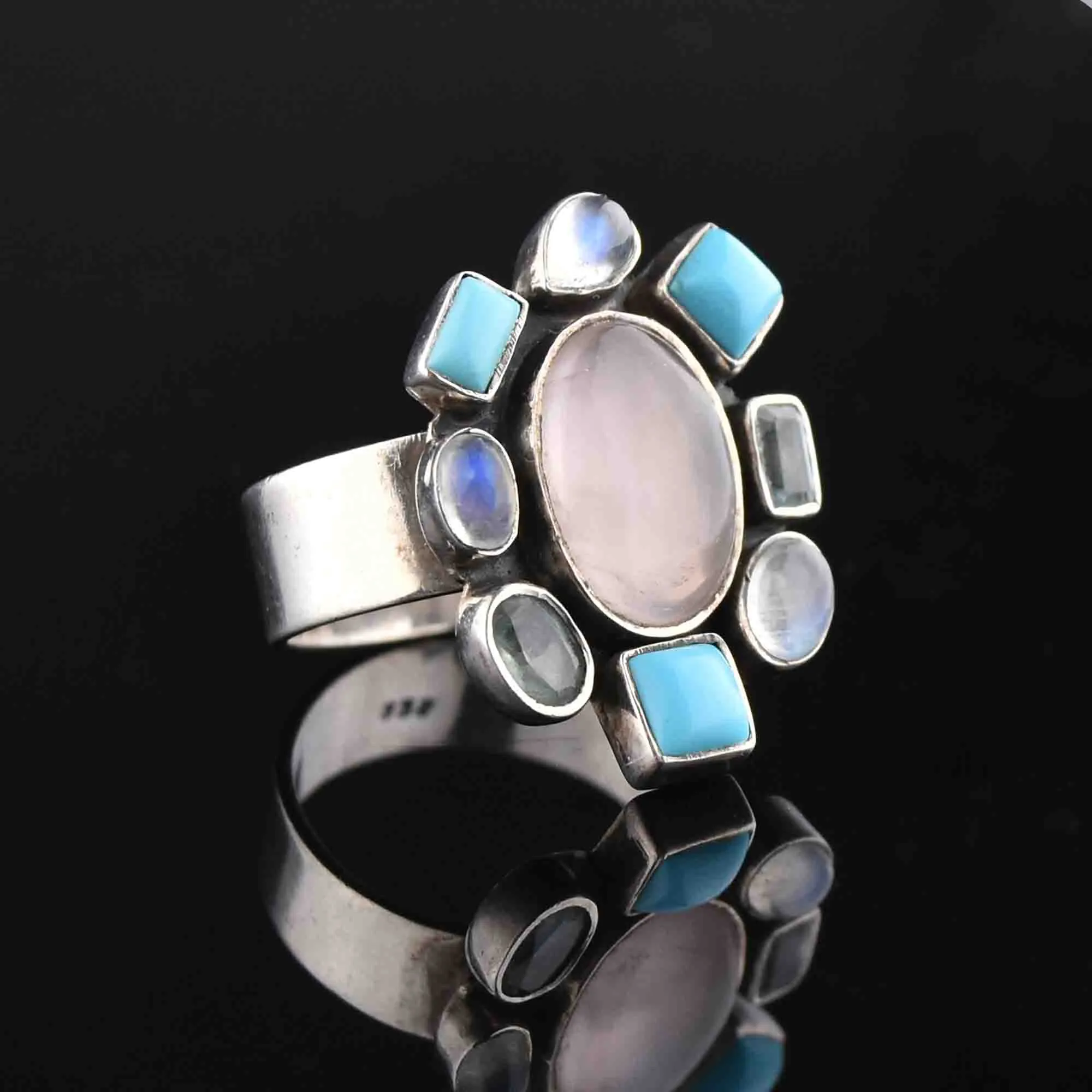 Silver Turquoise Moonstone Rose Quartz Statement Ring, Sz 9