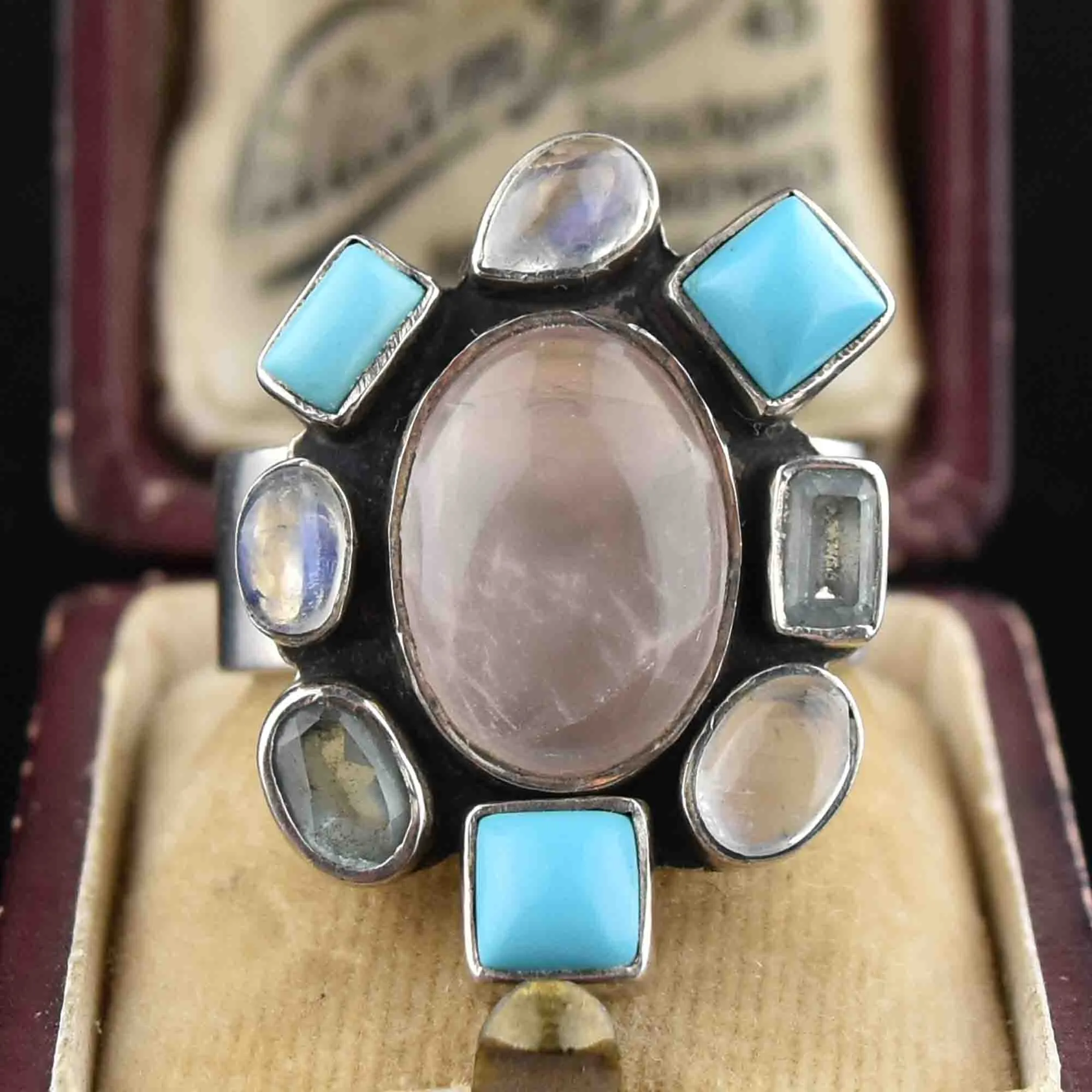 Silver Turquoise Moonstone Rose Quartz Statement Ring, Sz 9