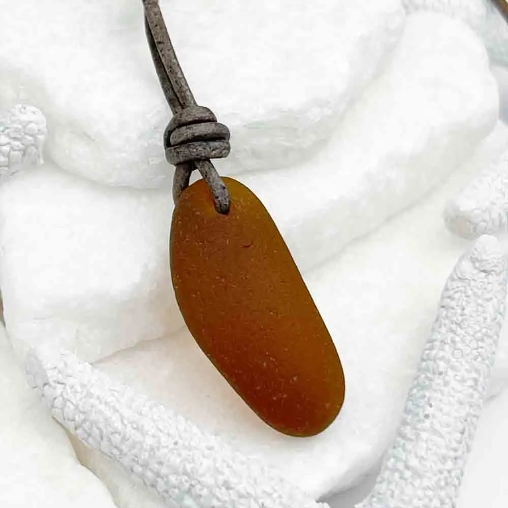 Solid Amber Sea Glass Surfside Genuine Leather Necklace | #5115