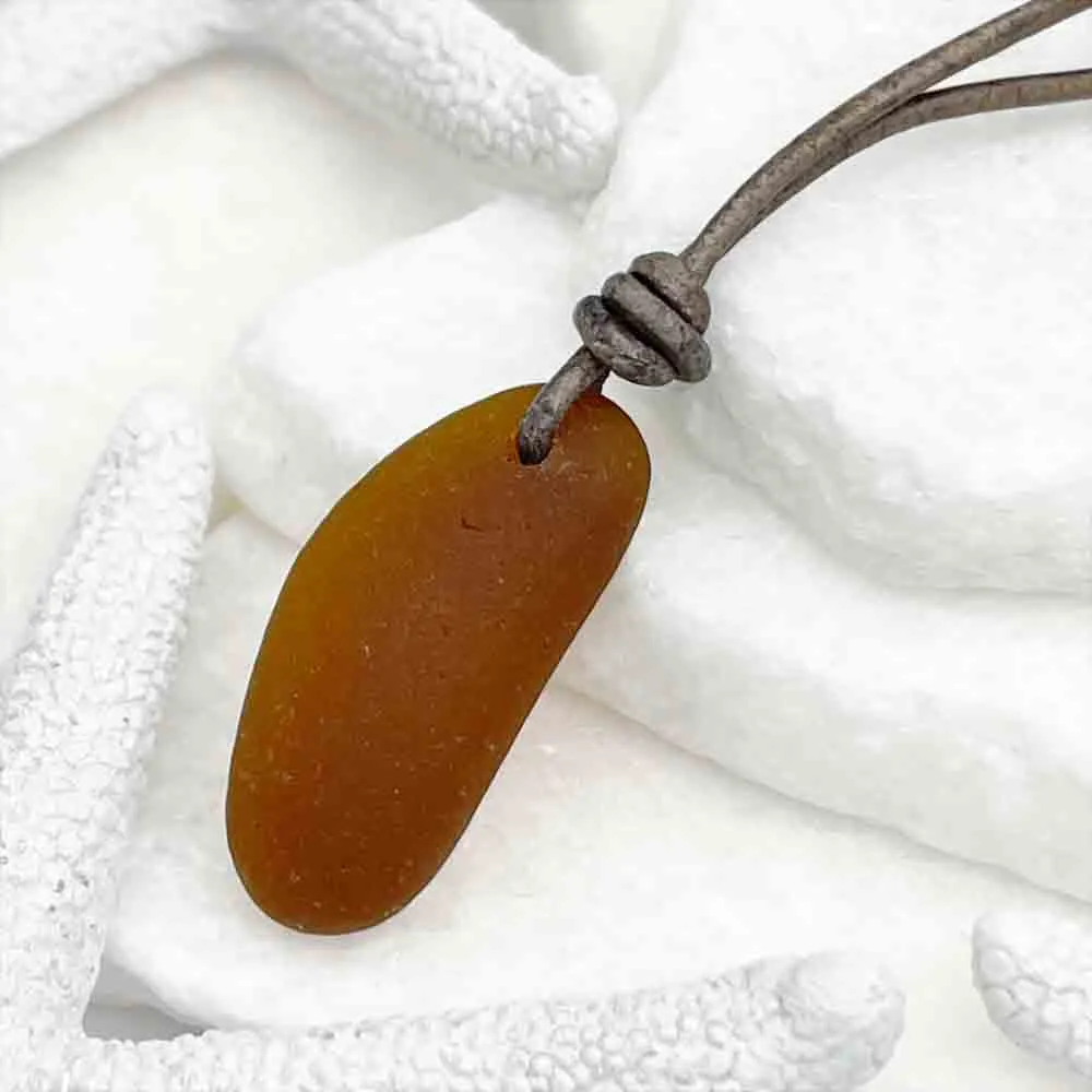 Solid Amber Sea Glass Surfside Genuine Leather Necklace | #5115