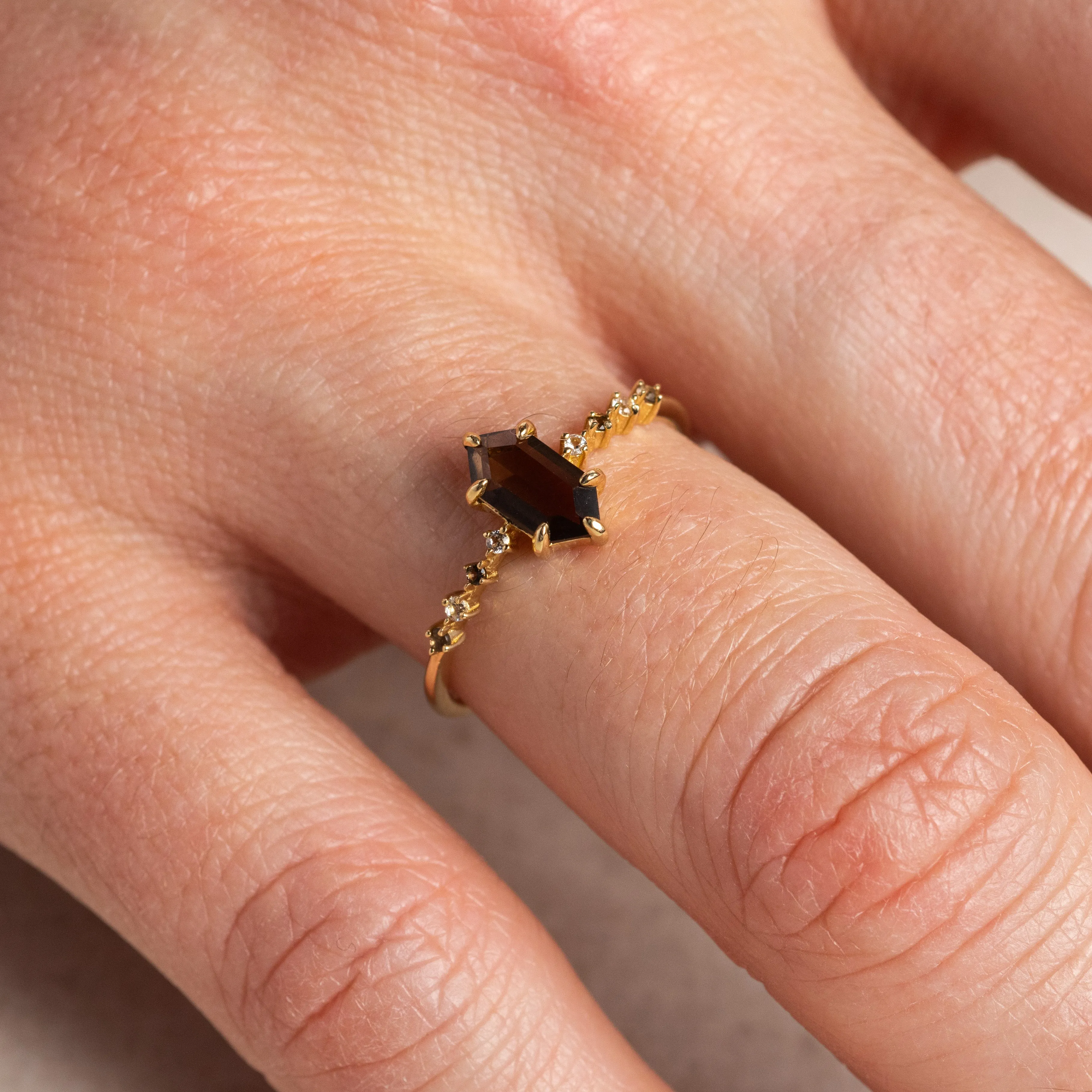 Solid Gold Smoky Quartz Hexagon Ring for Courage