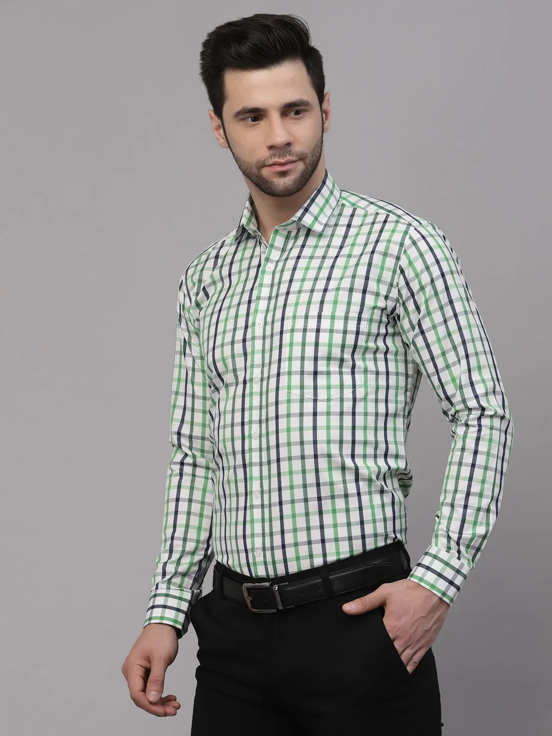 Style Quotient Men White And Bottle Green Checks Yarn Dyed PolyCotton Regular Formal Shirt