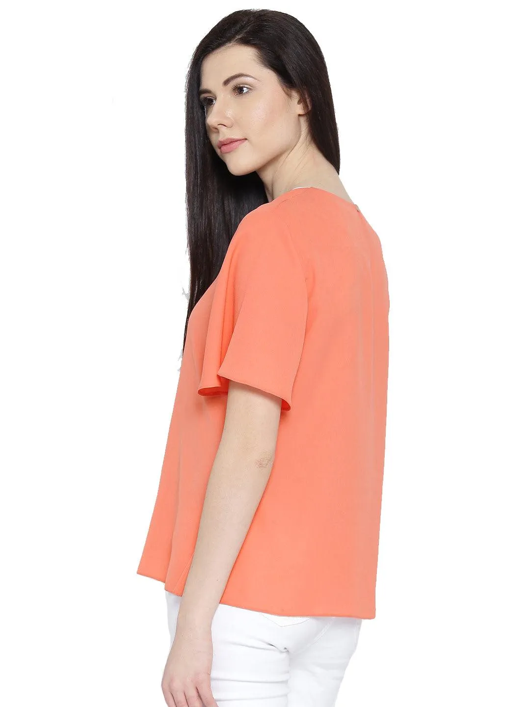 Style Quotient Women Coral V-Neck Solid Fashion Tops