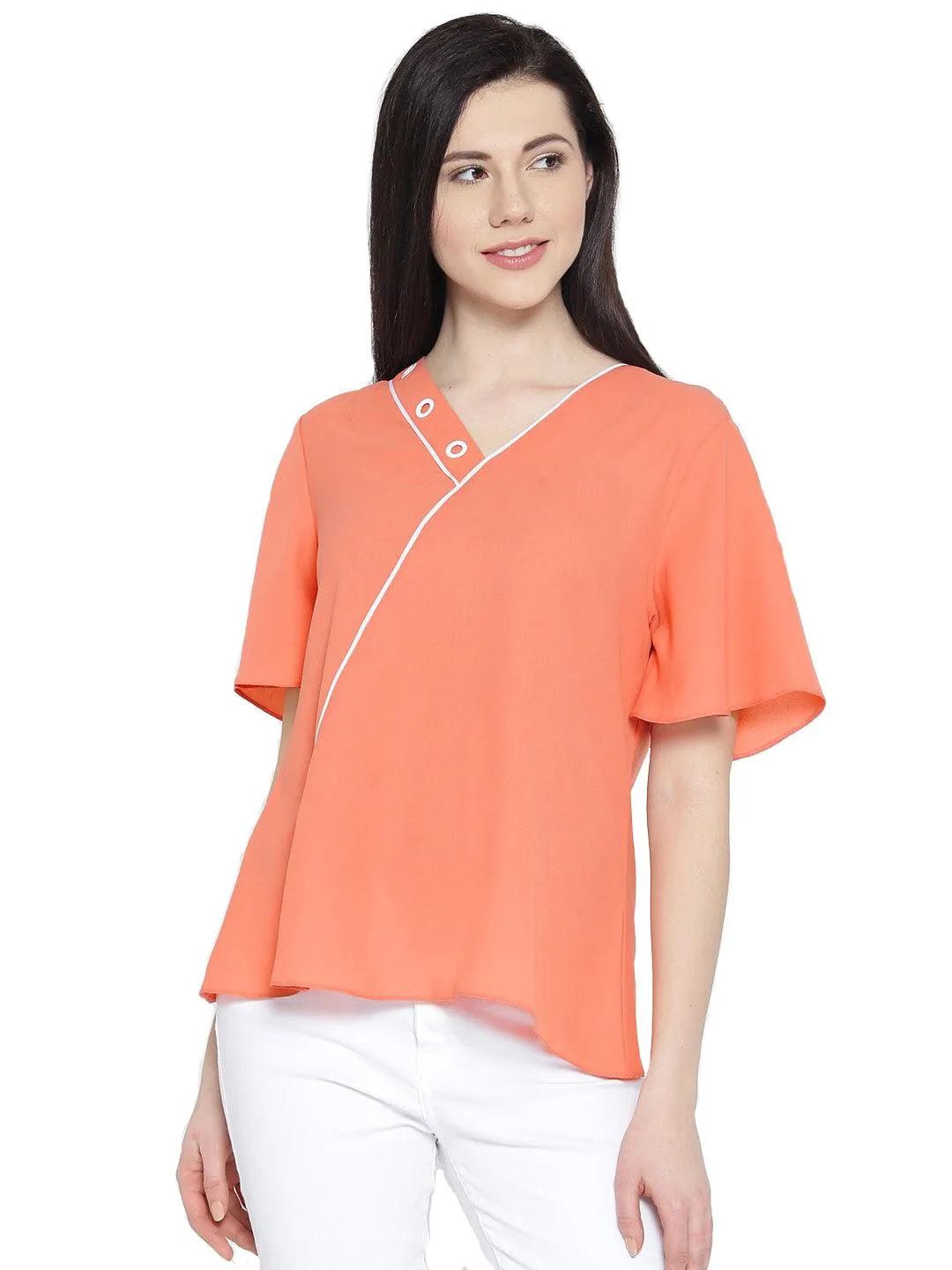 Style Quotient Women Coral V-Neck Solid Fashion Tops