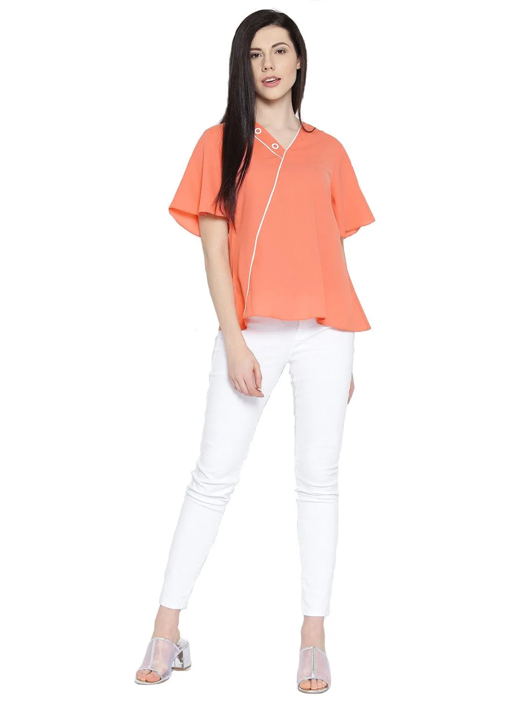 Style Quotient Women Coral V-Neck Solid Fashion Tops