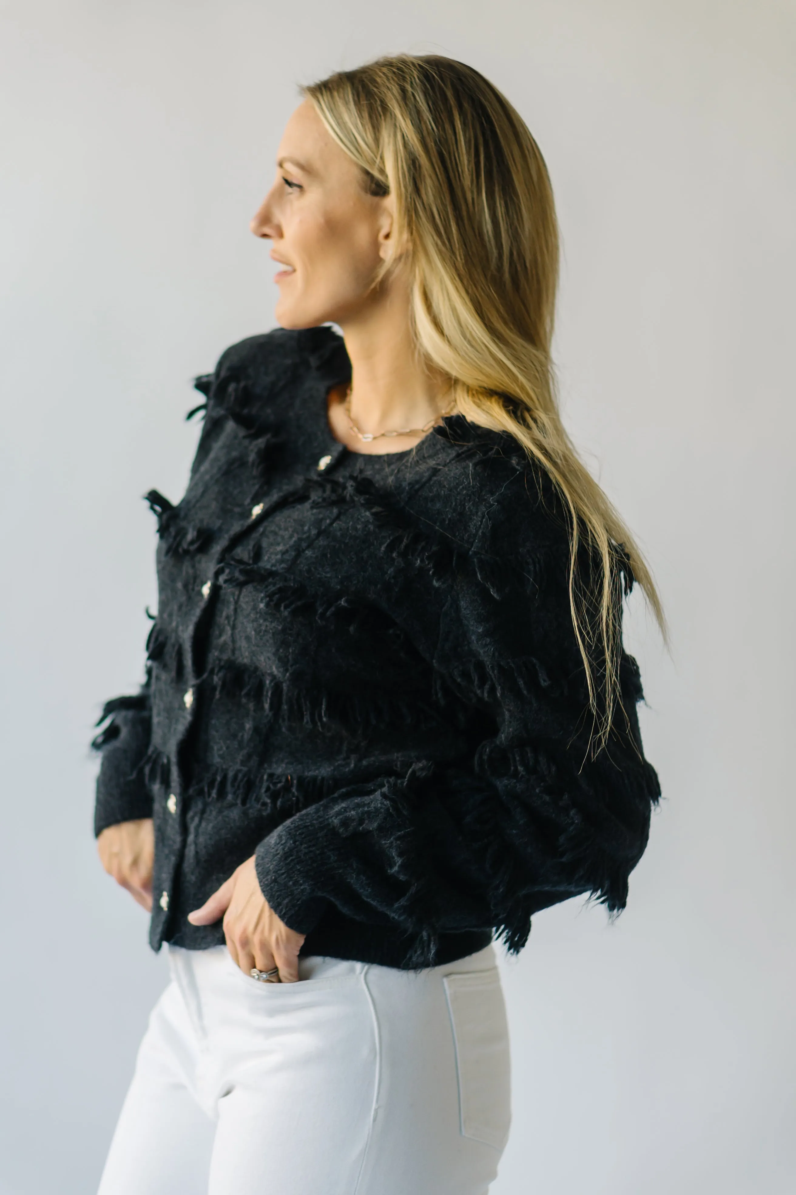 The Calhoun Fringe Button-Down Cardigan in Black