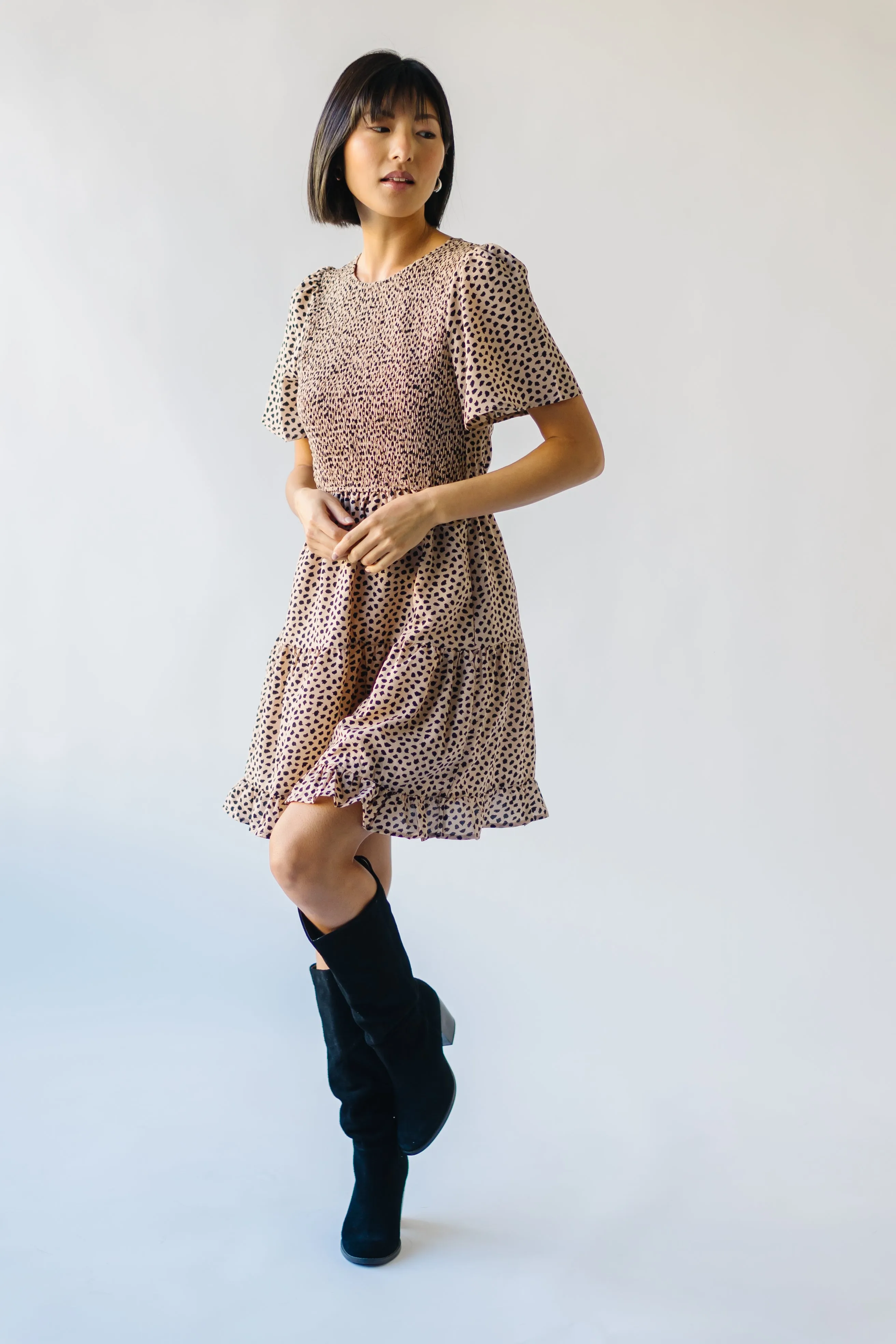 The Ovits Smocked Detail Dress in Taupe