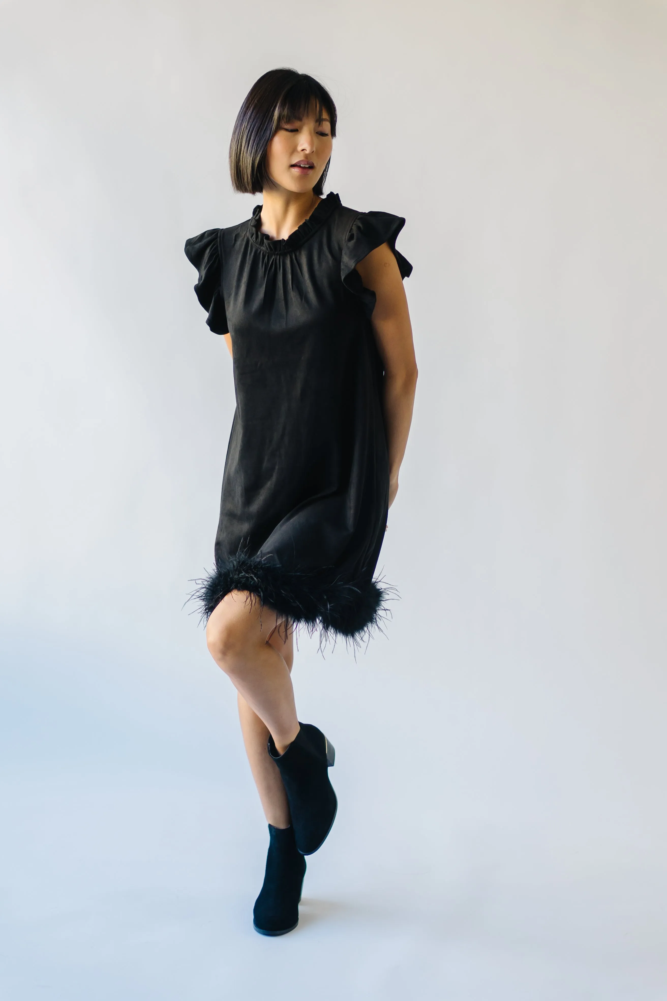 The Pressler Fur Detail Dress in Black Suede