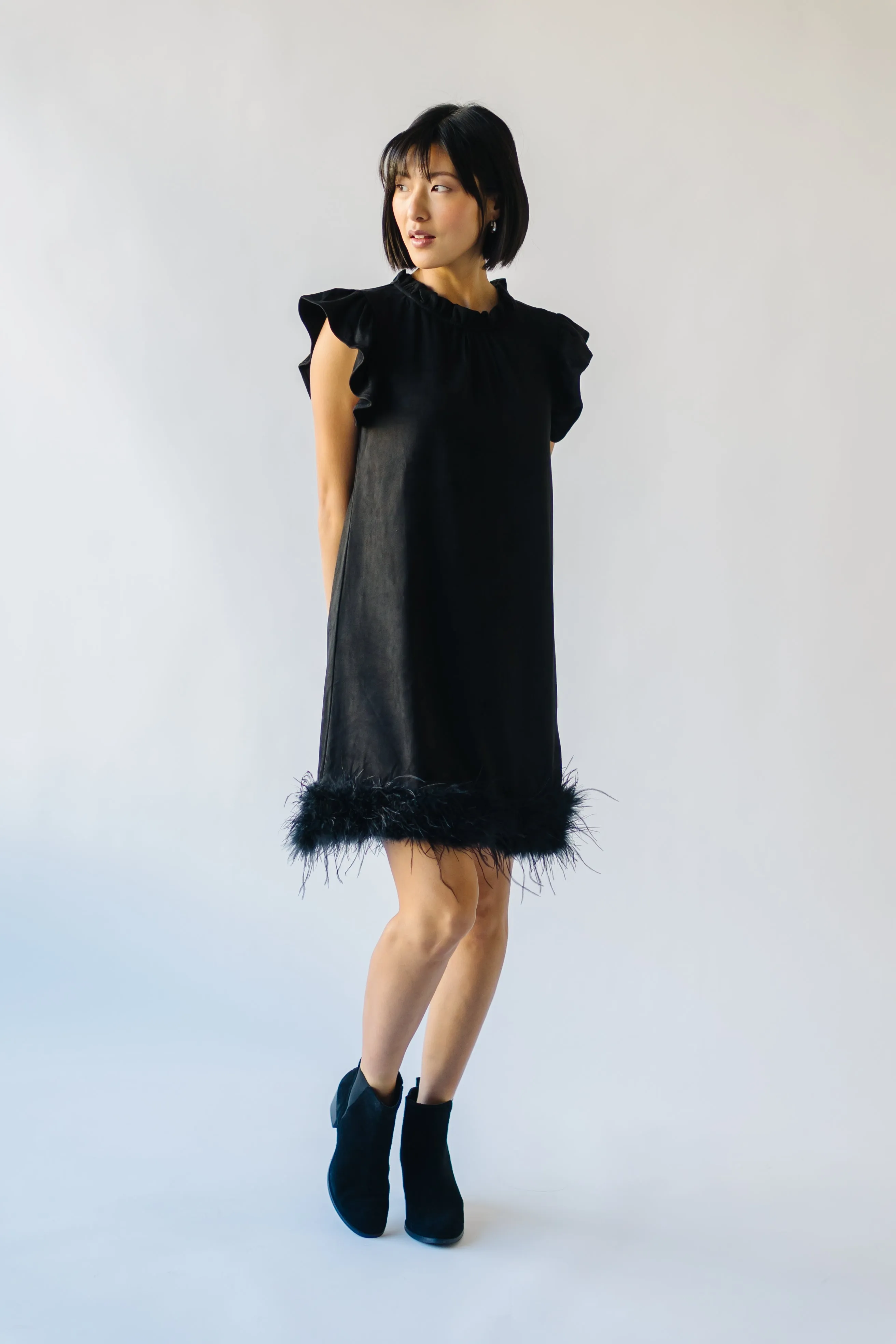 The Pressler Fur Detail Dress in Black Suede