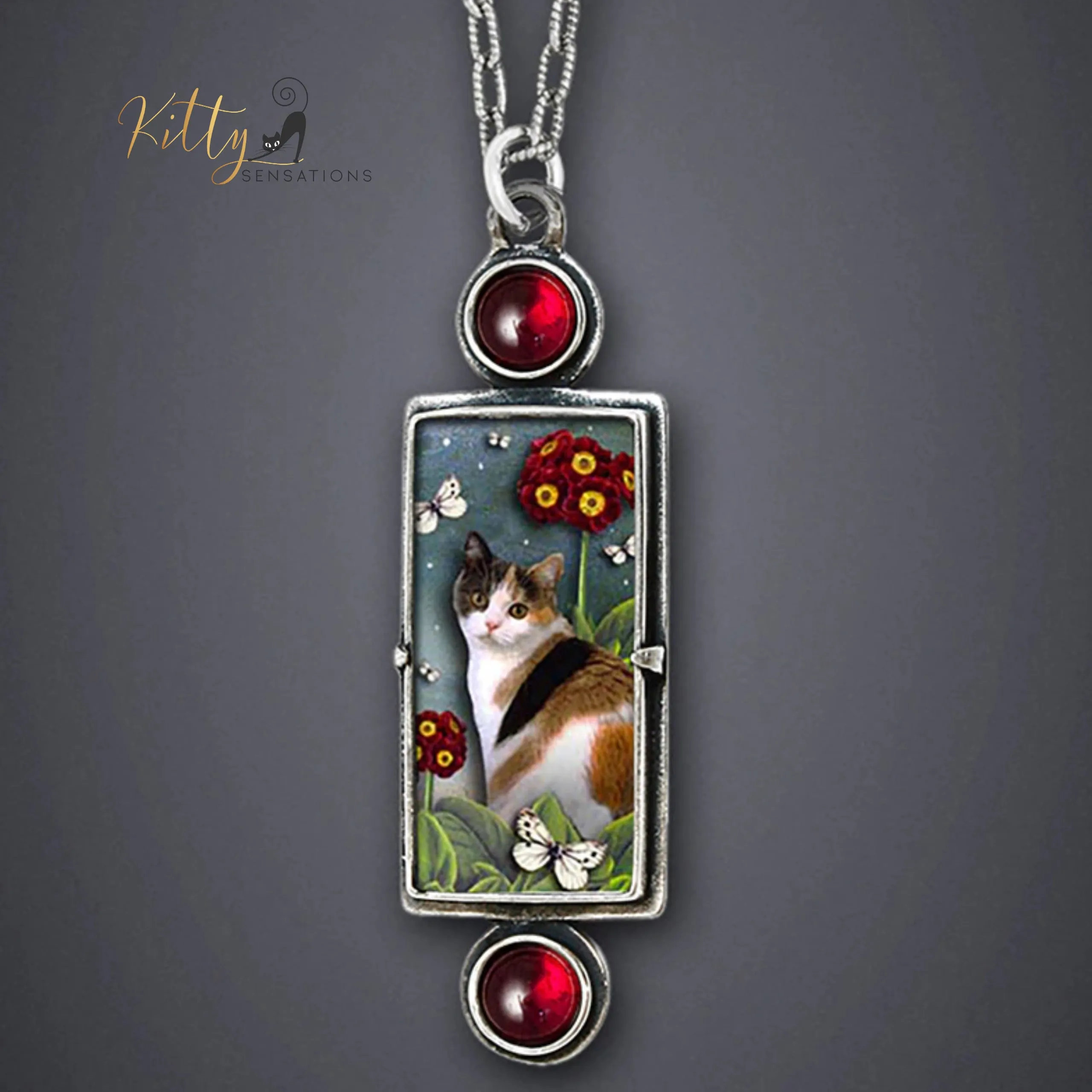 Two Garnets and A Kitty Necklace - Adjustable Length