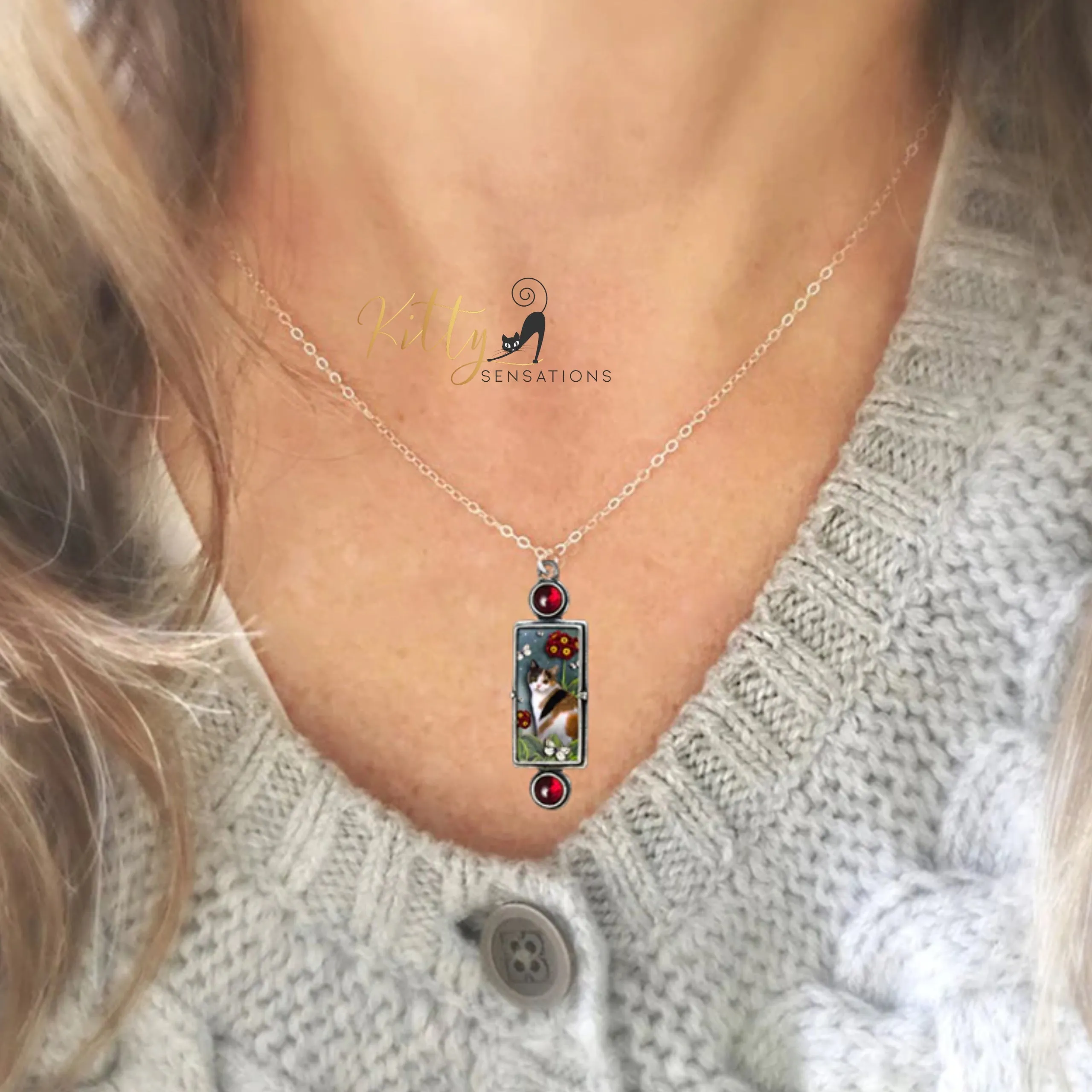 Two Garnets and A Kitty Necklace - Adjustable Length