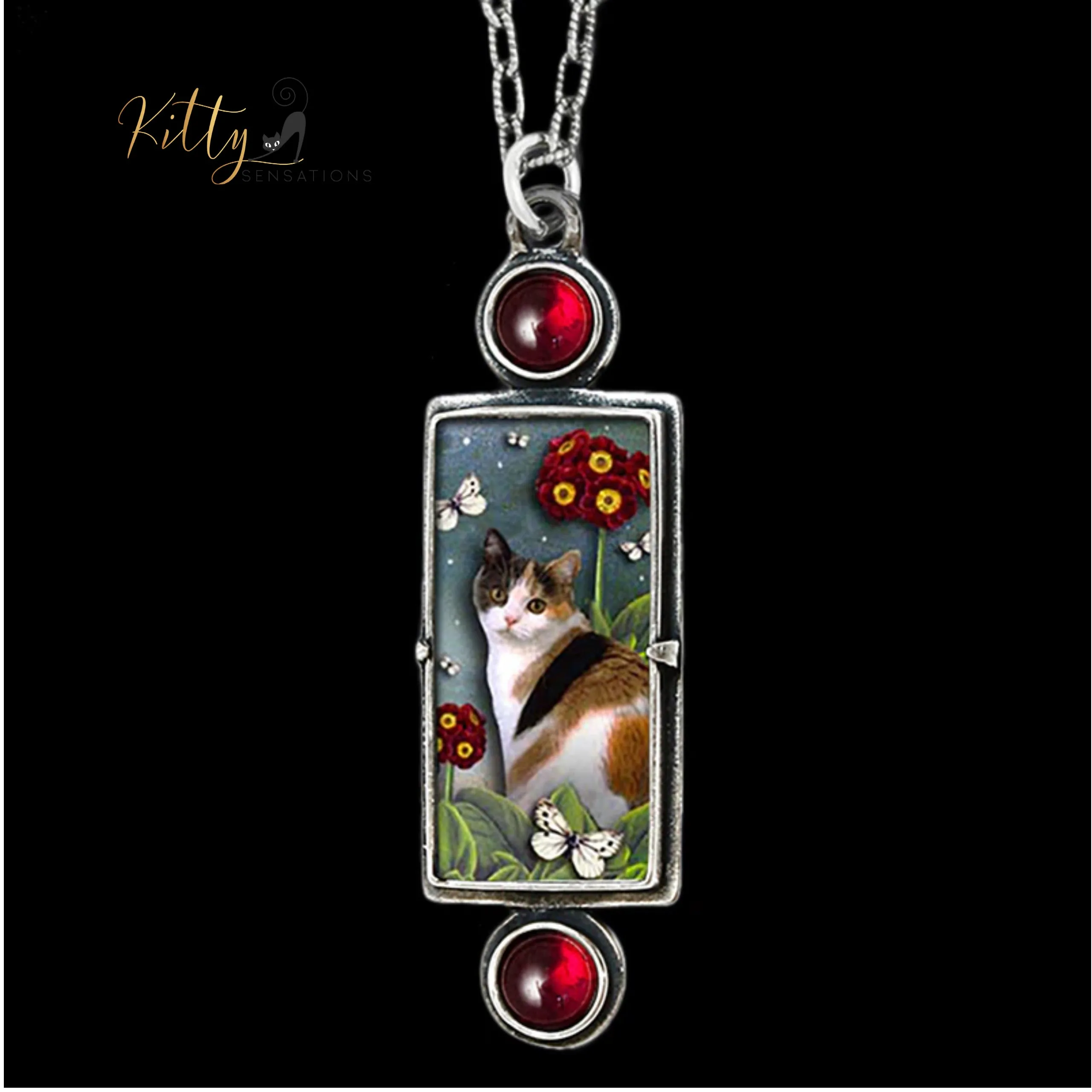 Two Garnets and A Kitty Necklace - Adjustable Length