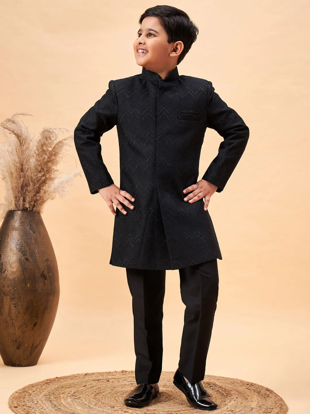 VASTRAMAY Boy's Black Glitter Indo Western Sherwani Set