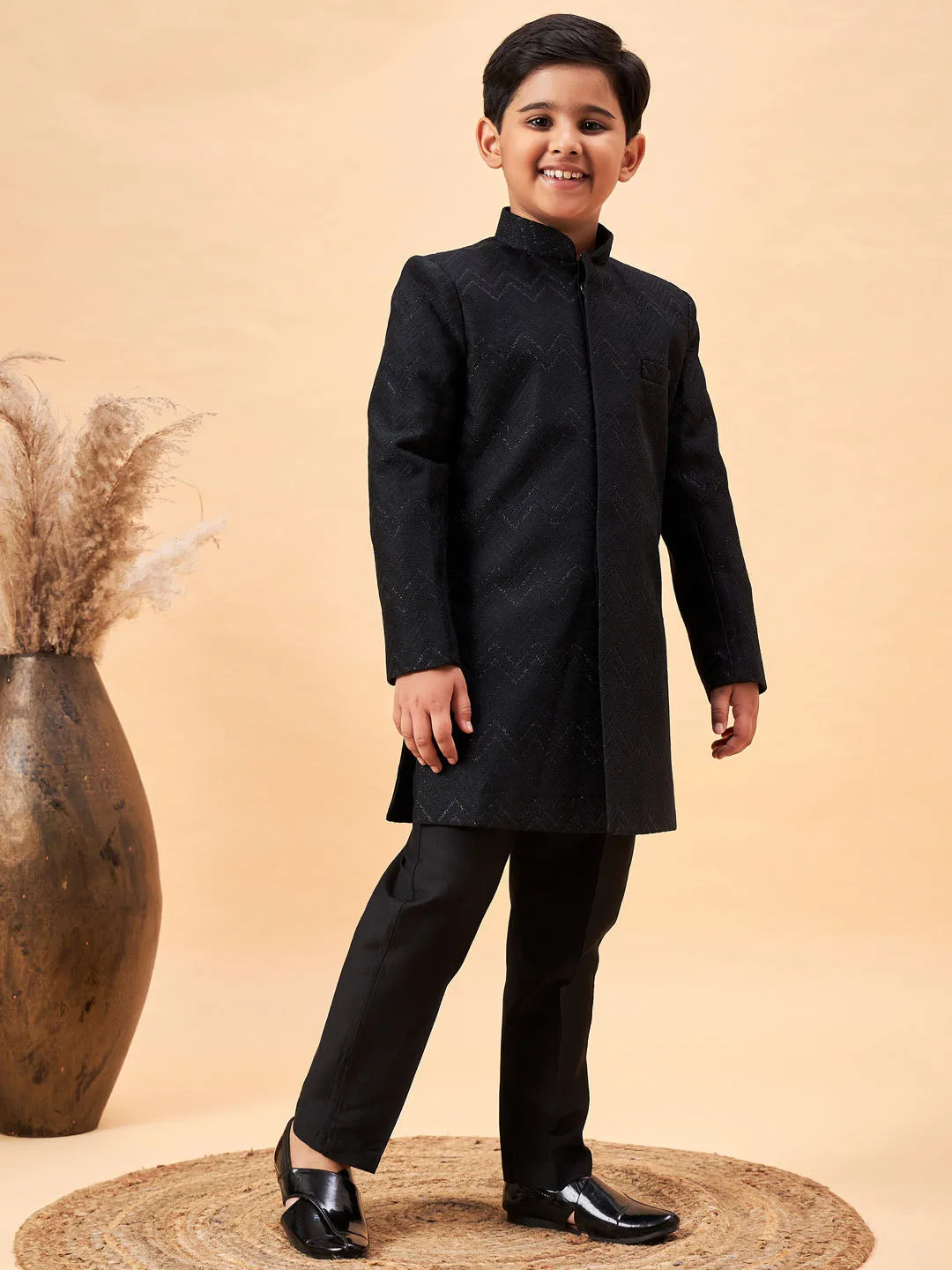 VASTRAMAY Boy's Black Glitter Indo Western Sherwani Set