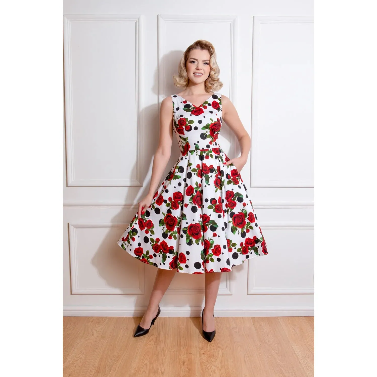 White Polka Dot & Red Rose Print Rockabilly 50s Swing Dress w/ Pockets