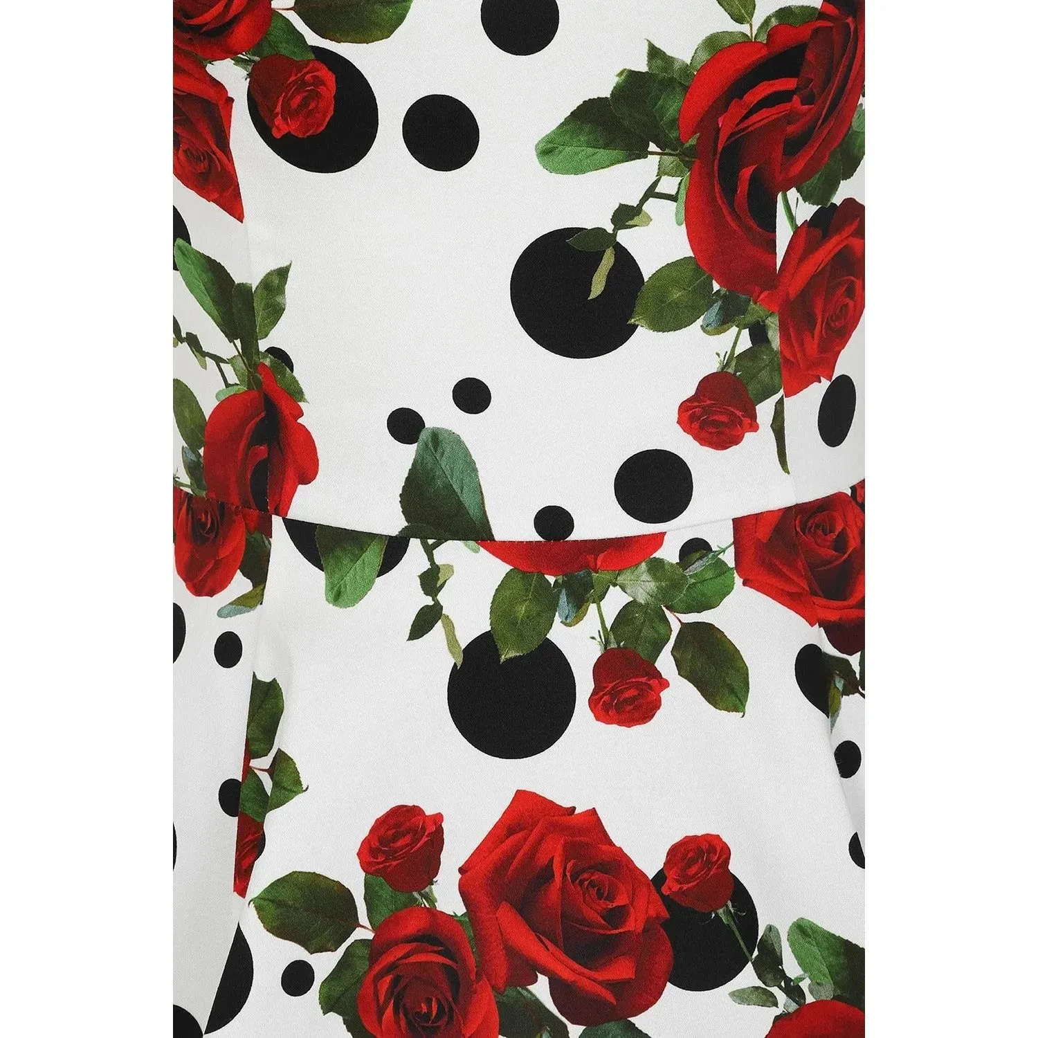 White Polka Dot & Red Rose Print Rockabilly 50s Swing Dress w/ Pockets