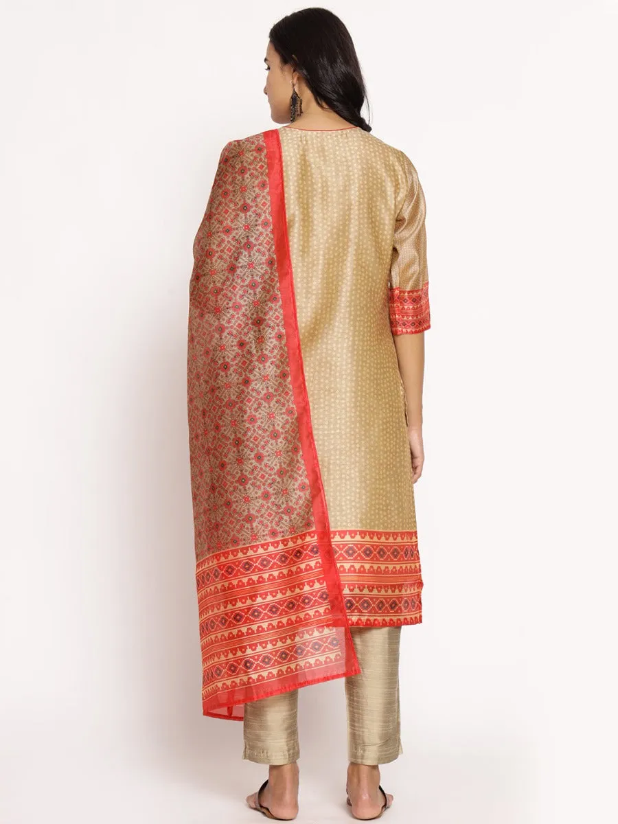 Women Beige Geometrical Printed Kurta Trouser Dupatta