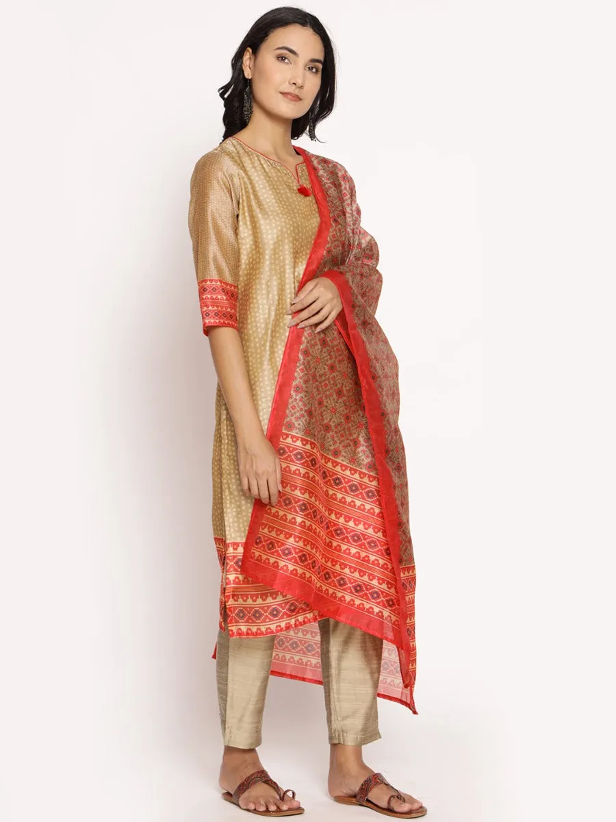 Women Beige Geometrical Printed Kurta Trouser Dupatta