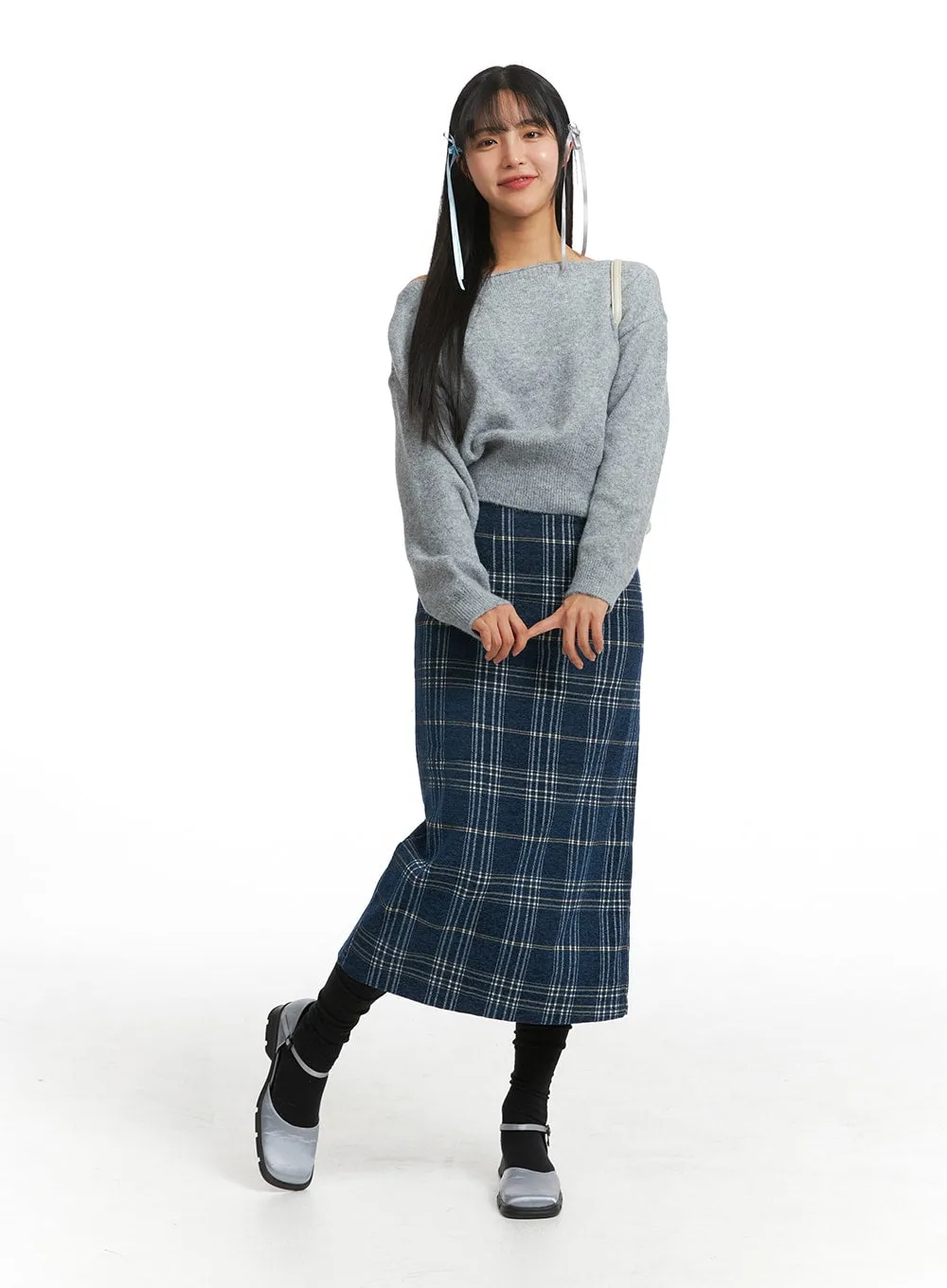 Wool-Like Mid Waist Plaid Maxi Skirt OJ405